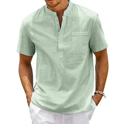 Men's Cotton-Linen Henley Short Sleeve Tee – Breathable Lightweight Casual Top