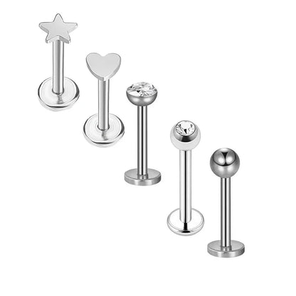 5pcs Tragus Stud Earring Set | Heart CZ Cartilage Piercing Jewelry