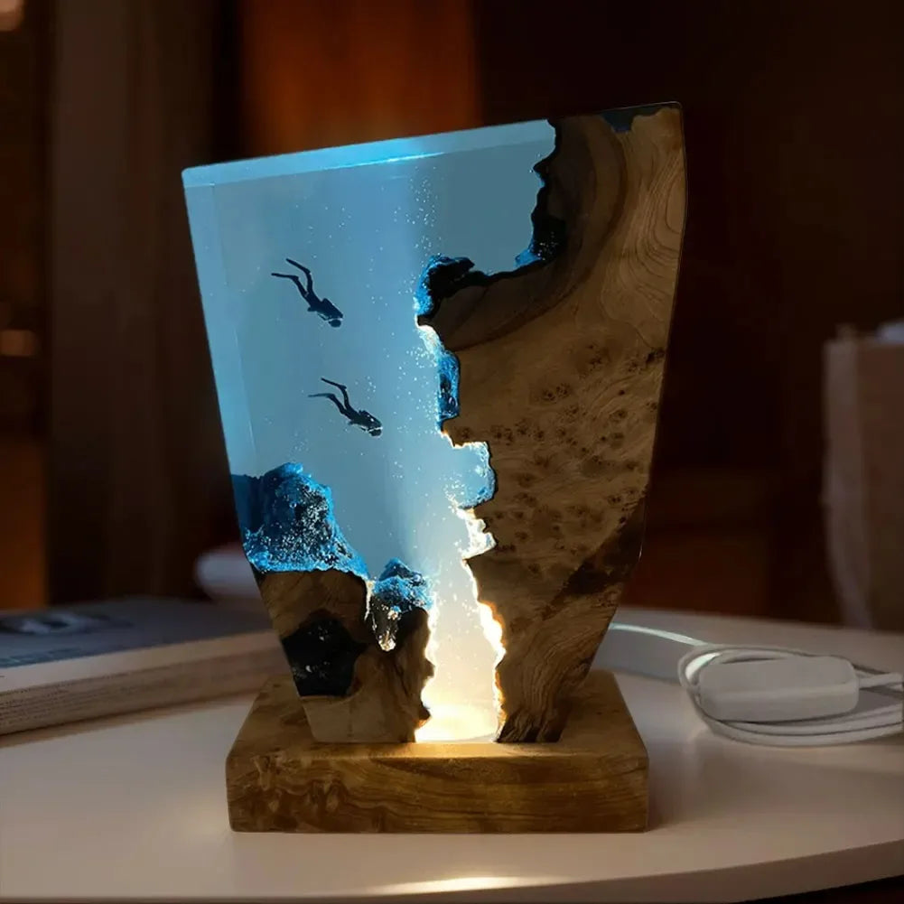 Seabed Exploration Organism Resin Table Light 2 Divers Resin Table Light Deep Sea Diver Night Light Bedroom Office Desk Decor