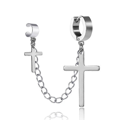 Cross Tassel Clip Earrings | Unisex Punk Hoop Earrings with Chain