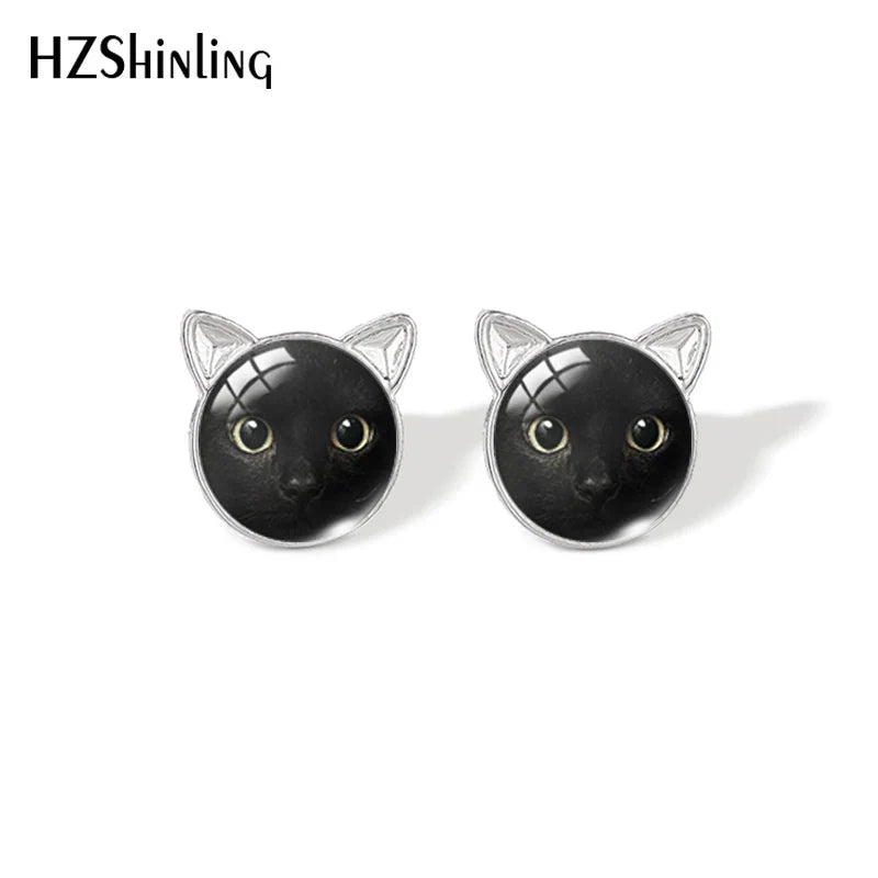 Lovely Cat Face Stud Earrings | Handmade Glass Dome Photo Printed Jewelry for Women