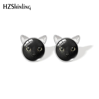 Lovely Cat Face Stud Earrings | Handmade Glass Dome Photo Printed Jewelry for Women