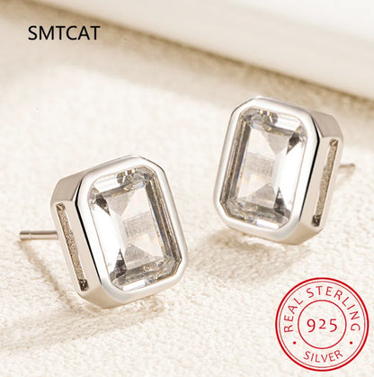 925 Sterling Silver Emerald Cut High Carbon Diamond Stud Earrings | Elegant Wedding Party Jewelry for Women
