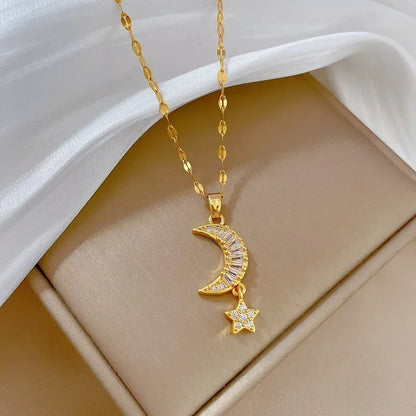 Stainless Steel Crescent Moon Pendant Necklace | Vintage Gold Choker Jewelry for Women