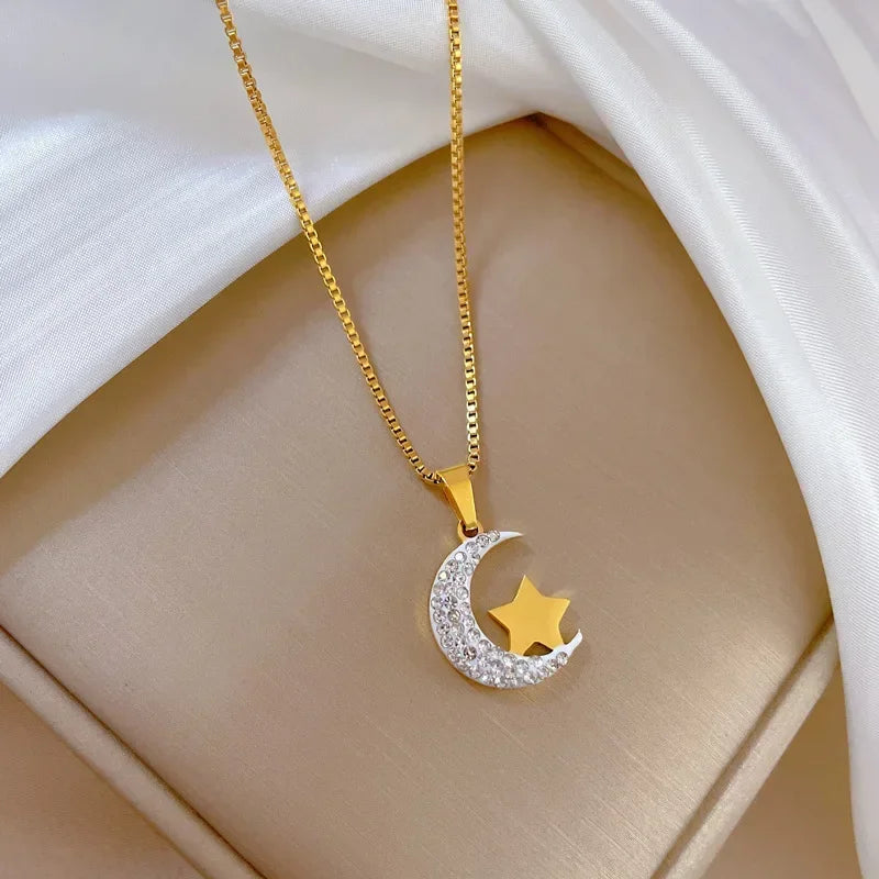Crescent Moon Pendant Necklace | Vintage Stainless Steel Choker for Women