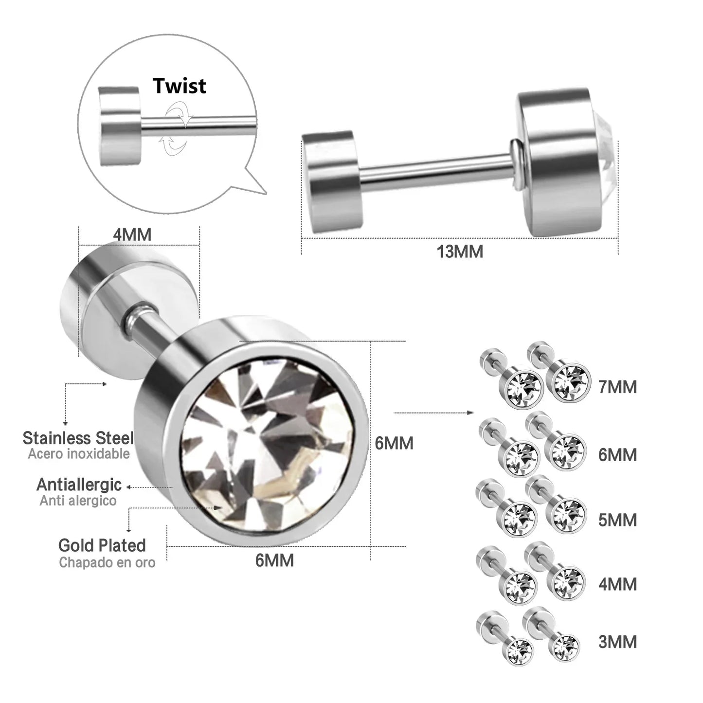 LUXUSTEEL 3mm-7mm Black White CZ Zircon Stud Earrings | Screw Back Stainless Steel No Fade