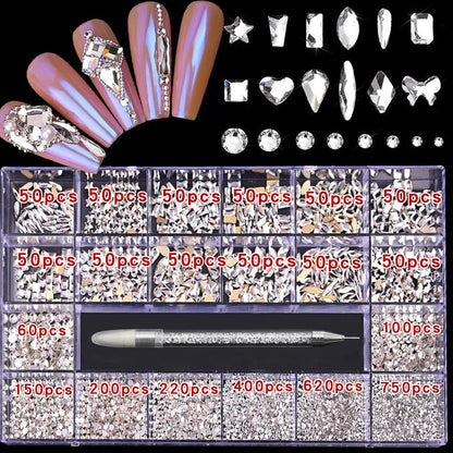 21 Grid Nail Art Rhinestone Set - Multi-Style Flat Bottom Glass Diamonds