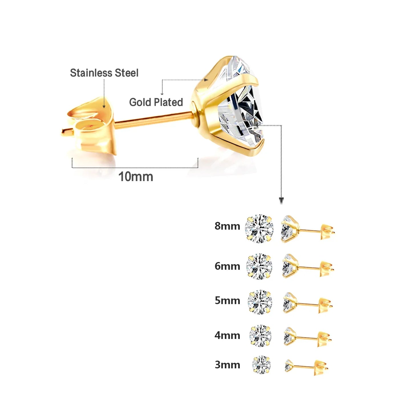 LUXUSTEEL Crystal Zircon Stud Earrings | Screw Back Round CZ Earrings for Men Women