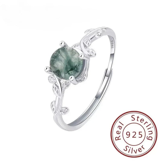 S925 Sterling Silver Green Moss Agate Ring | Classic Women's Wedding Band