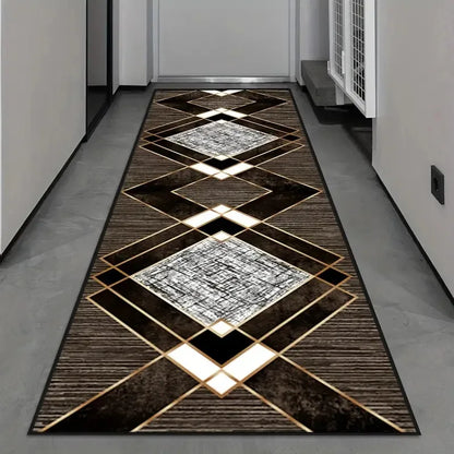 Modern Geometric Diamond Hallway Runner Rug - Black Gold & Gray Pattern Floormat Ideal for Corridor Decor