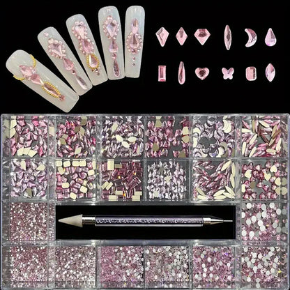 21 Grid Nail Art Rhinestone Set - Multi-Style Flat Bottom Glass Diamonds