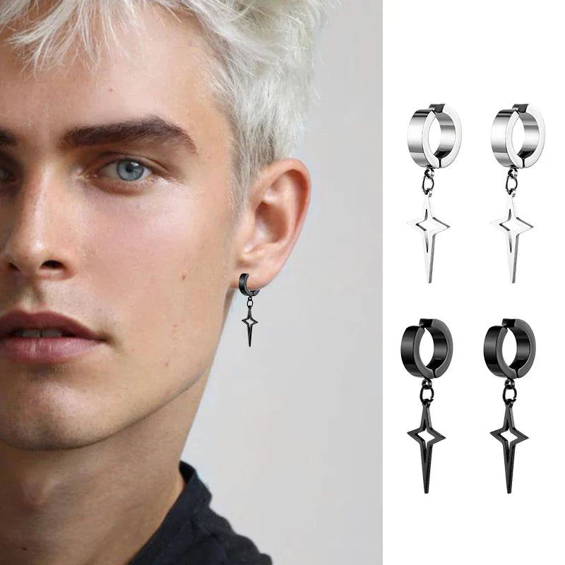 Stainless Steel Punk Star Hoop Earrings | Clip-On Earrings for Men and Women