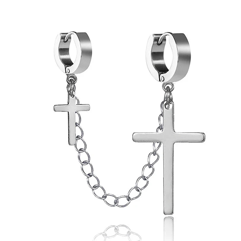 Punk Cross Pendant Clip Earring | Unisex Metal Chain Tassel Ear Cuff