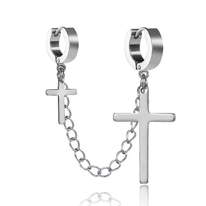Punk Cross Pendant Clip Earring | Unisex Metal Chain Tassel Ear Cuff