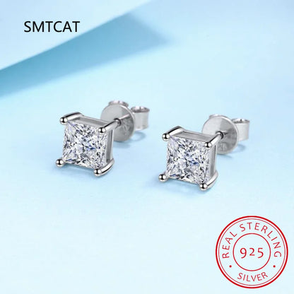 Moissanite Stud Earrings 925 Sterling Silver | VVS Simulated Diamond Princess Cut