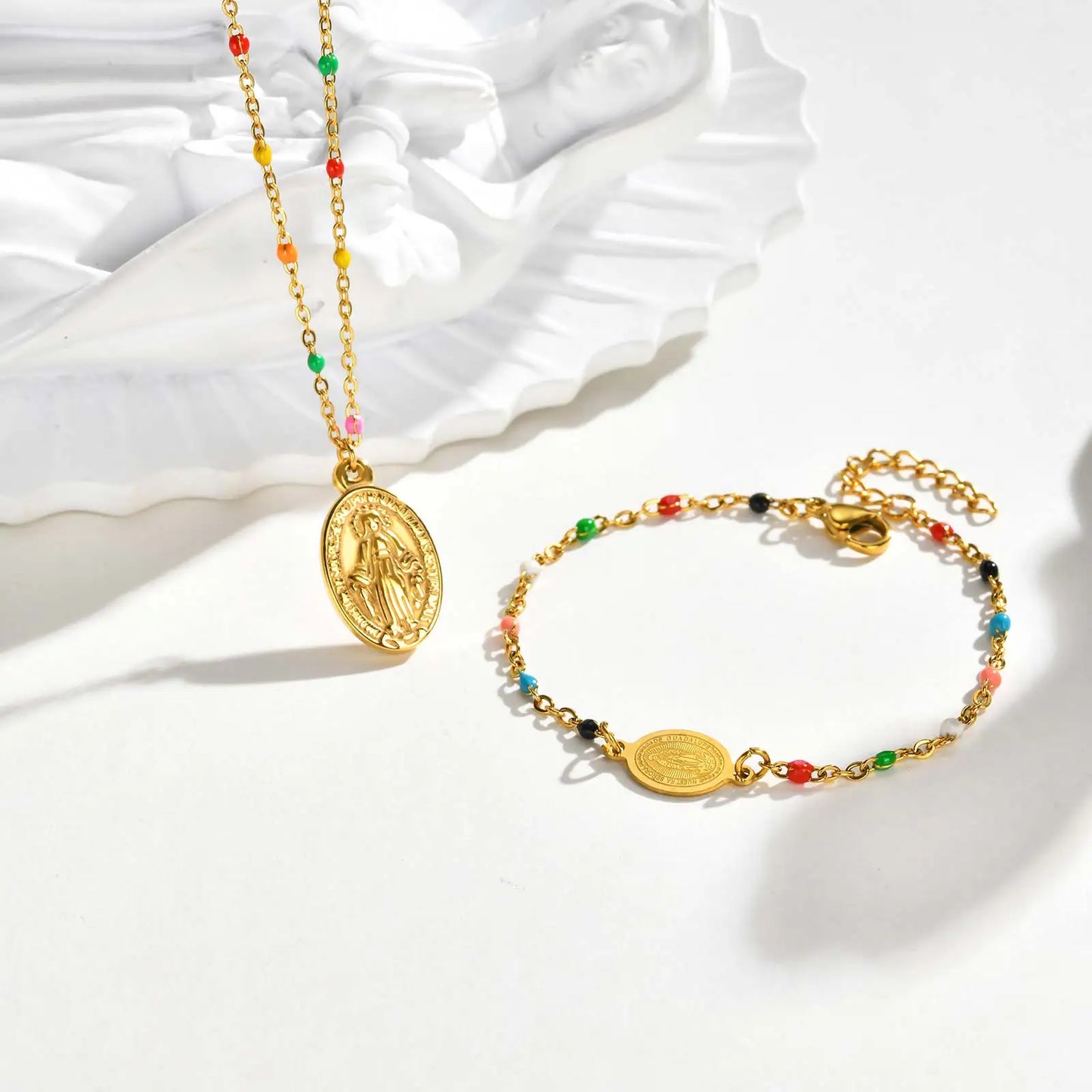 Bohemian Colored Virgin Oval Necklace | Gold Plated Stainless Steel Rosary Jewelry