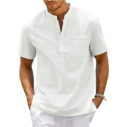 Men's Cotton-Linen Henley Short Sleeve Tee – Breathable Lightweight Casual Top