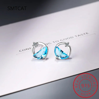 Half Round Natural Sky London Blue Topaz 925 Sterling Silver Spring Water Stud Earrings | Women's Fine Gemstone Jewelry