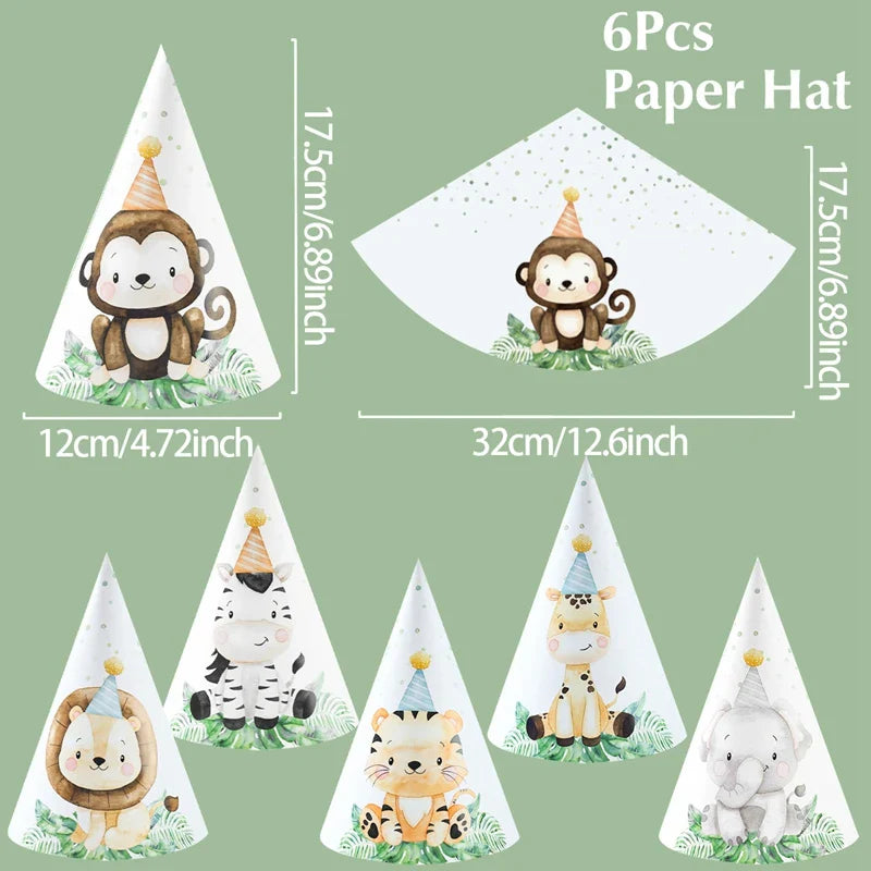 Jungle Animals Party Paper Hats Happy Birthday Party Decoration Kids Safari Animal Wild One Birthday Decor Supplies Baby Shower