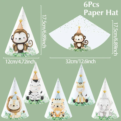 Jungle Animals Party Paper Hats Happy Birthday Party Decoration Kids Safari Animal Wild One Birthday Decor Supplies Baby Shower