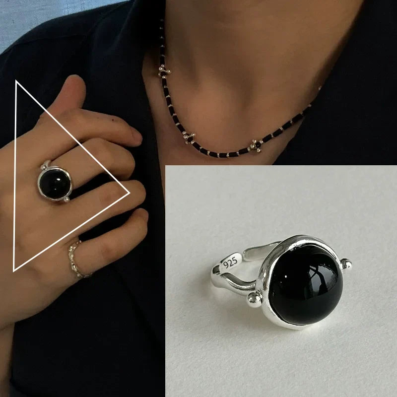 PANJBJ Real 925 Sterling Silver Retro Round Ring | Vintage Fine Jewelry for Women
