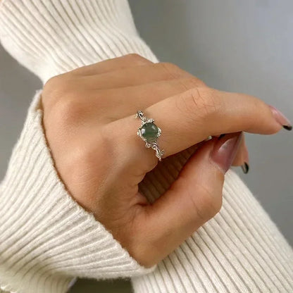 S925 Sterling Silver Green Moss Agate Ring | Classic Women's Wedding Band