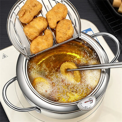 Japanese Deep Frying Pot with a Thermometer and a Lid 304 Stainless Steel Kitchen Tempura Fryer Pan 20 24 cm