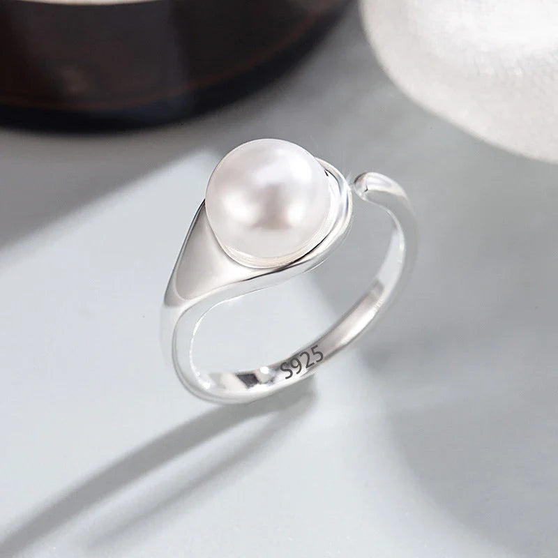 PANJBJ 925 Sterling Silver Pearl Irregular Ring | Women Shell Overlapping Hollow Sweet Design Jewelry