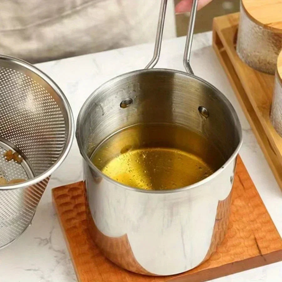 SUS304 stainless steel fryer with French fries and chicken wings, household small oil pot with filter screen, Tianfu Luo pot