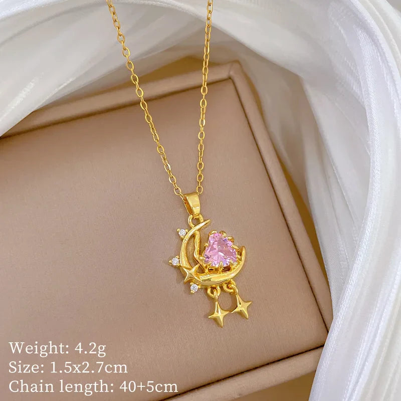 Stainless Steel Crescent Moon Pendant Necklace | Vintage Gold Choker Jewelry for Women