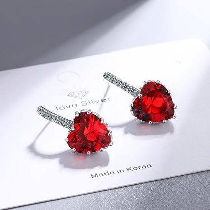 Natural Garnet Red Ruby Heart Stud Earrings | 925 Sterling Silver Jewelry for Women