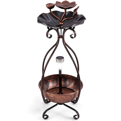 Solar Outdoor Bird Bath Feeder Combo with Flower Planter Pedestal and Solar Lights-Copper
