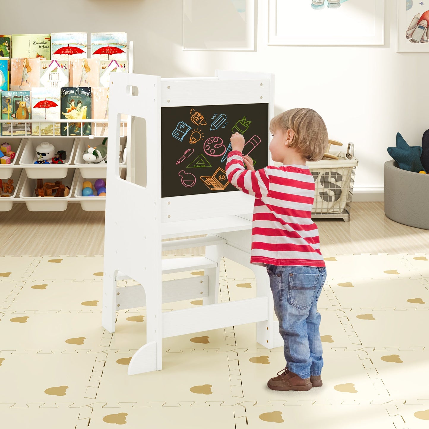 Toddler Kitchen Step Stool with Activity Chalkboard and Adjustable Height-White