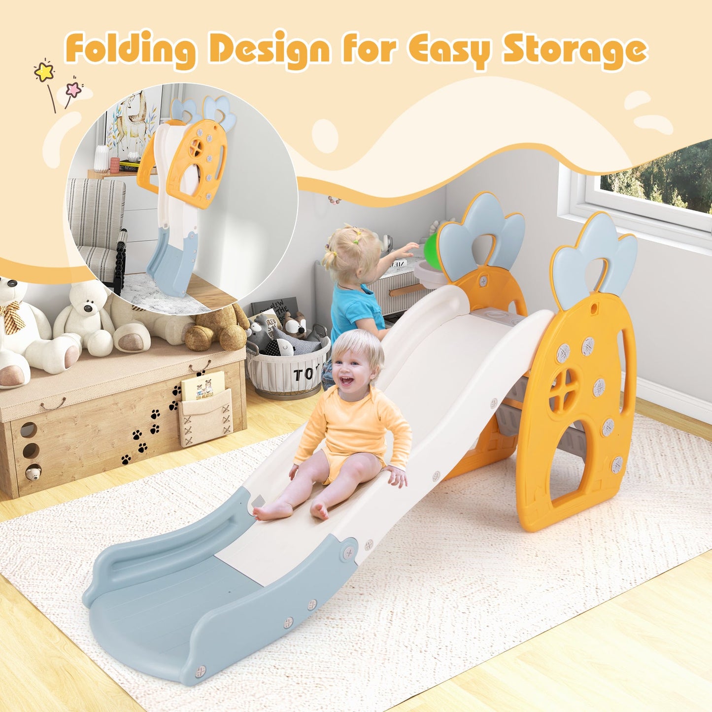 Foldable Slide with Basketball Hoop and Buffer Zone for Kids Aged 3+ Years Old