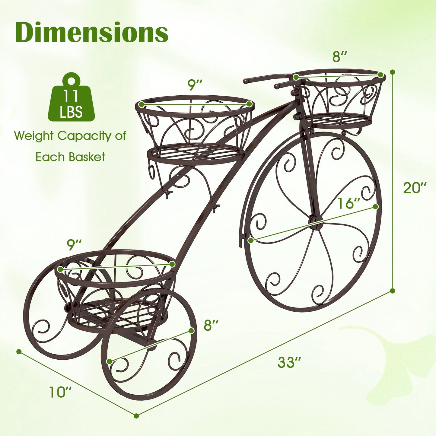 Tricycle Plant Stand Flower Pot Cart Holder with 3 Hollowed Baskets