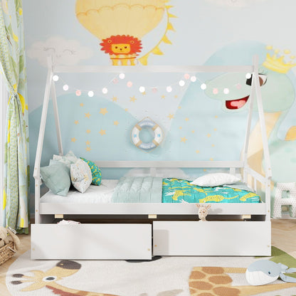 Twin Size House Bed with Roof and Safety Guardrail-White