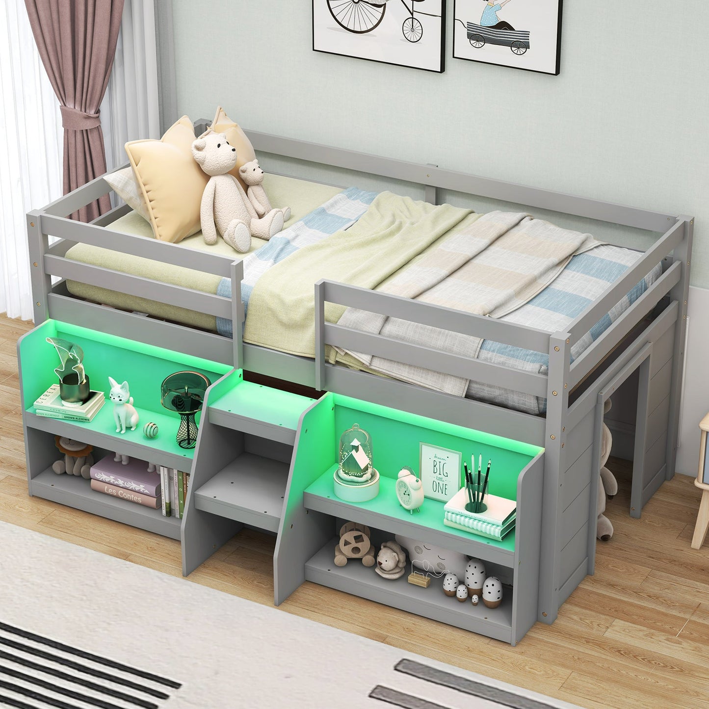 Twin Size Loft Bed with LED Lights with Staircase and Safety Guardrail-Gray