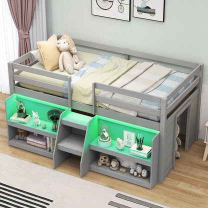 Twin Size Loft Bed with LED Lights with Staircase and Safety Guardrail-Gray