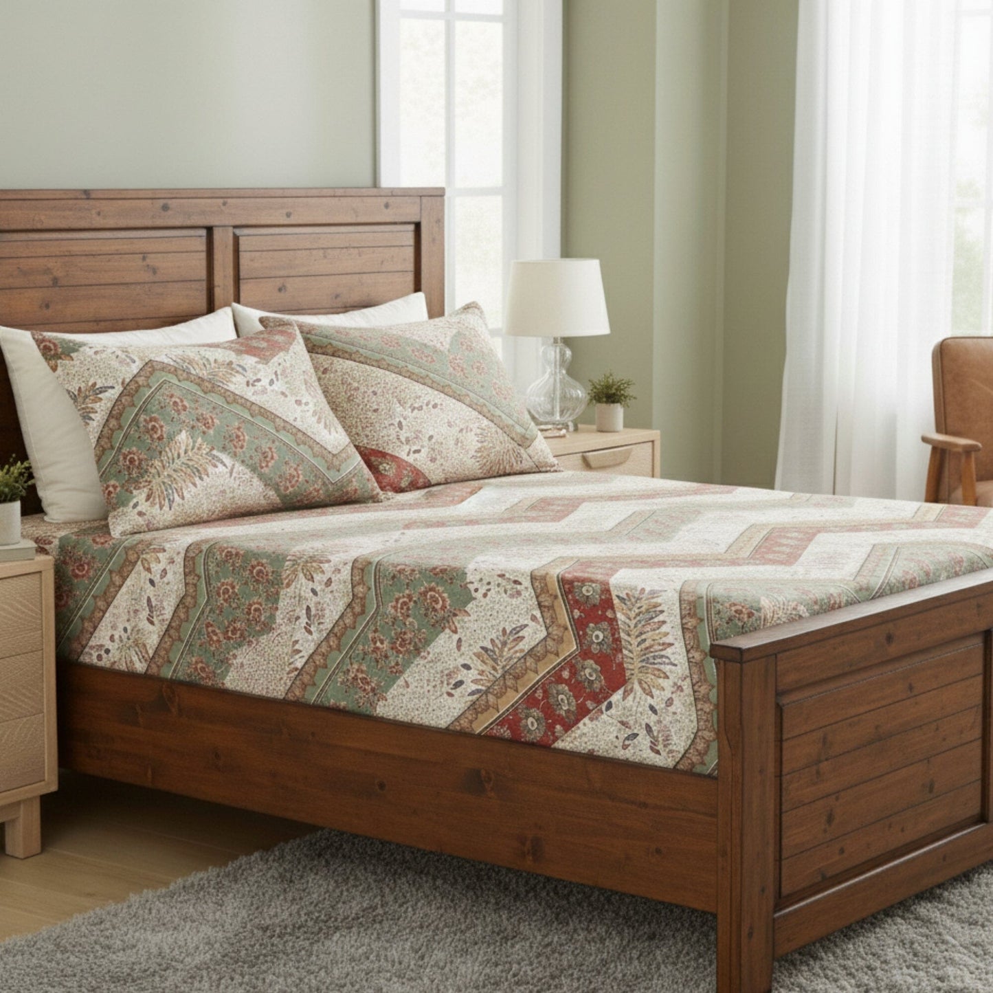 DaDa Bedding Botanical Cranberry Sage Chevron Floral Fitted Bed Sheet w/ Pillow Cases (JHW-924-Fitted)