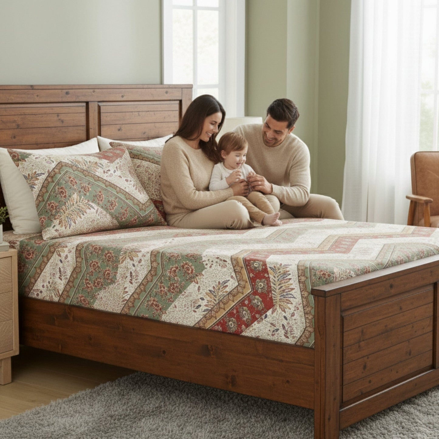 DaDa Bedding Botanical Cranberry Sage Chevron Floral Fitted Bed Sheet w/ Pillow Cases (JHW-924-Fitted)
