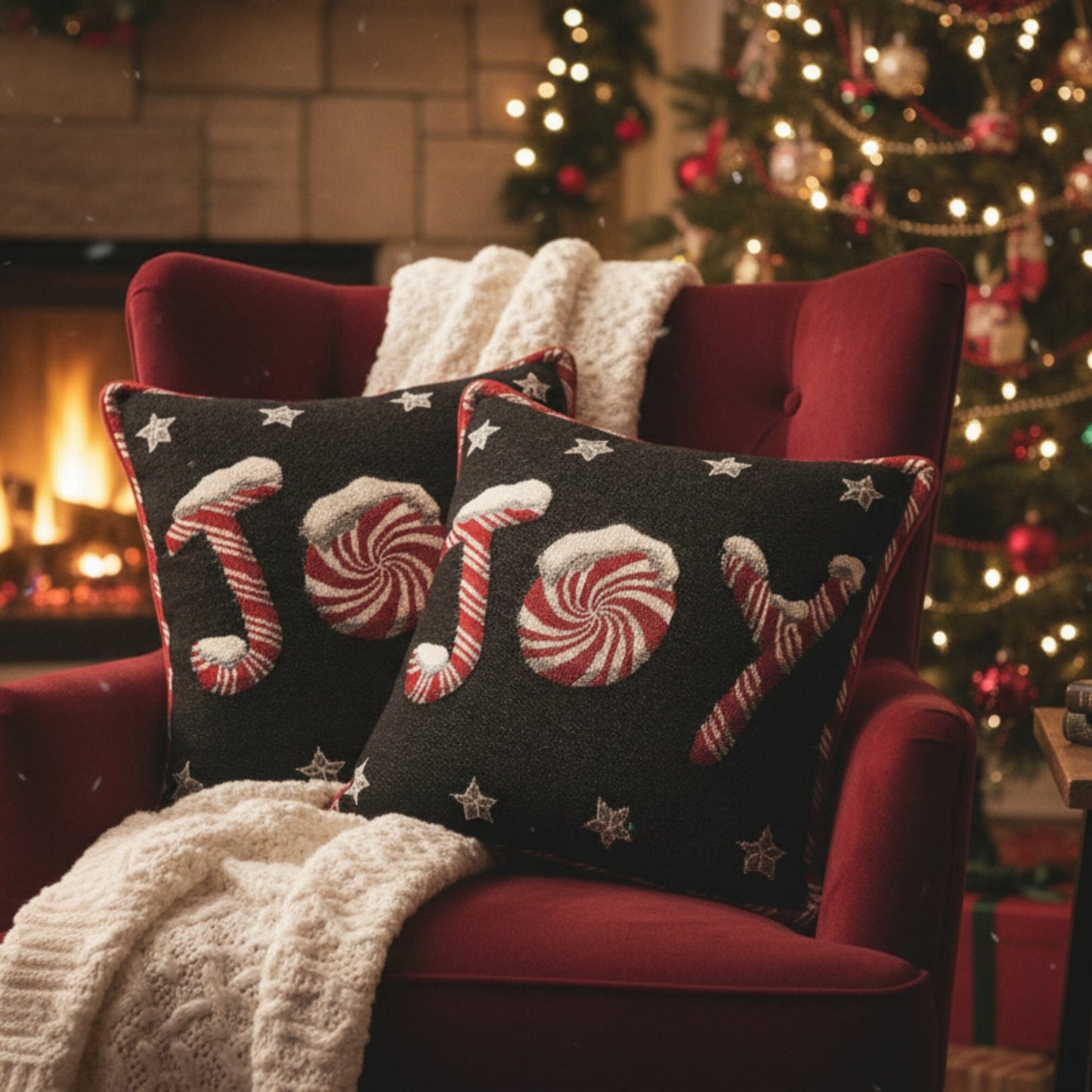 DaDa Bedding Peppermint Joy Stars Red Black Tapestry Throw Pillow Cover - 16” x 16” (12904)