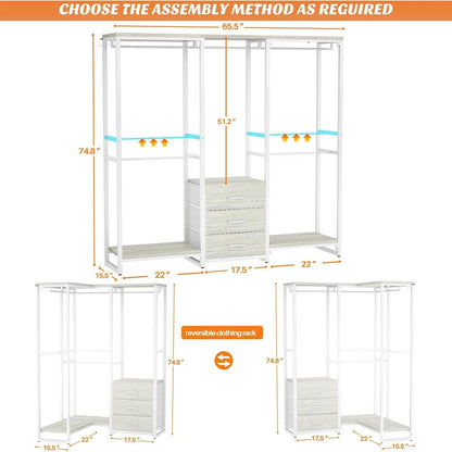 Heavy Duty White Metal Freestanding Garment Rack Closet Wardrobe with 3 Drawers