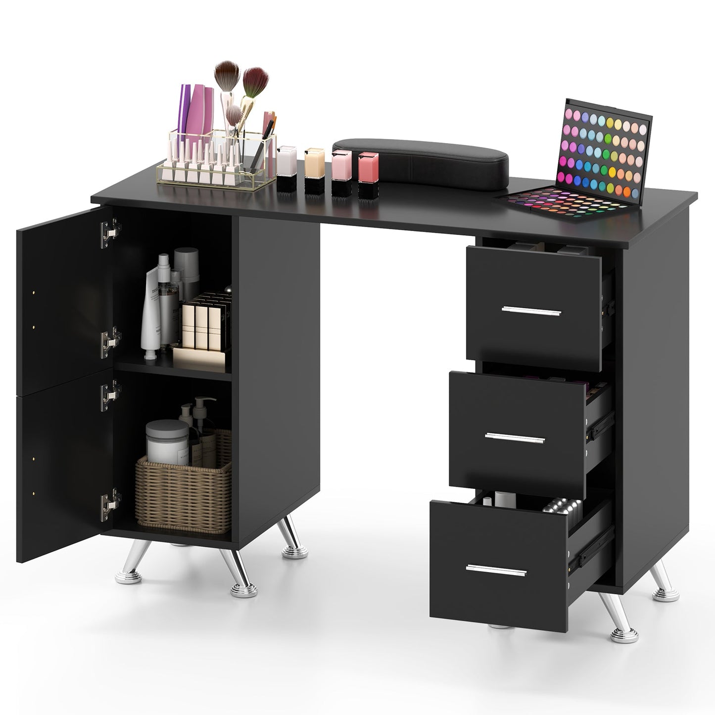 Wooden Manicure Table Nail Desk with Drawers Wrist Rest-Black