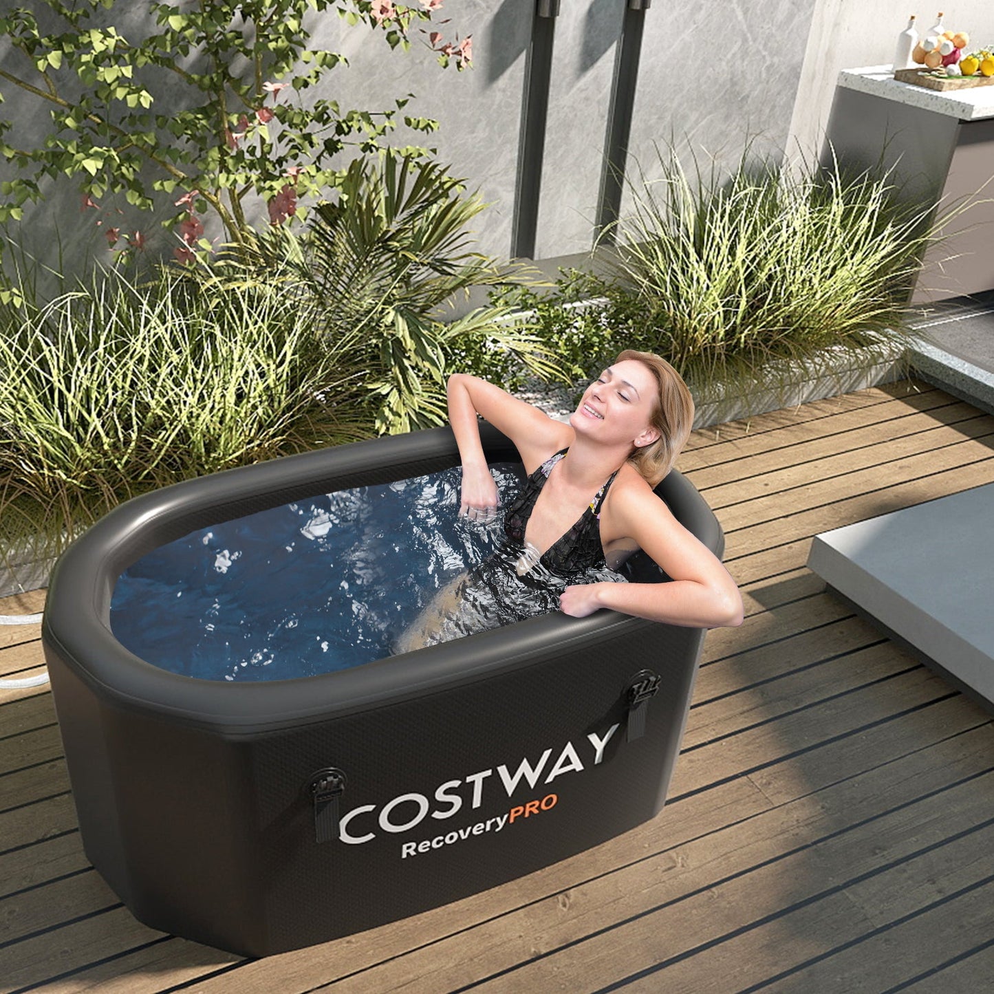XL 129 Gal Oval Ice Bath Tub with Cover and Hand Pump for Athletes-Black