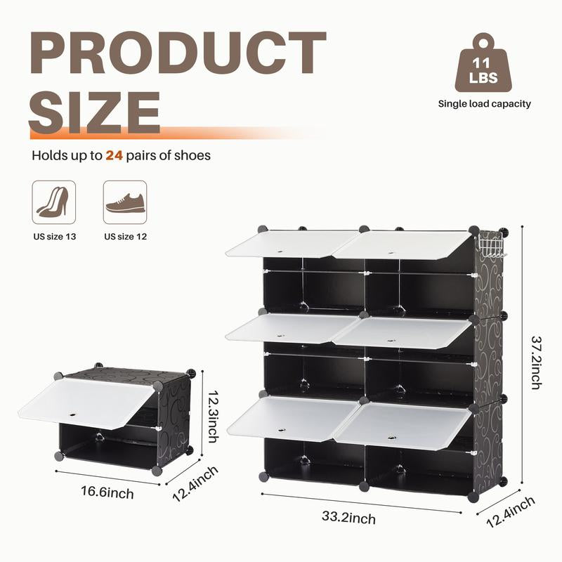 【NEW YEAR Deal】6/8-Tier Shoe Cabinet, 24/32-Tier Capacity, with Side Hooks, Sturdy Metal Frame, and Black and White Plastic Panel Shelves. Suitable for Entryways, Living Rooms, and Walk-In Closets