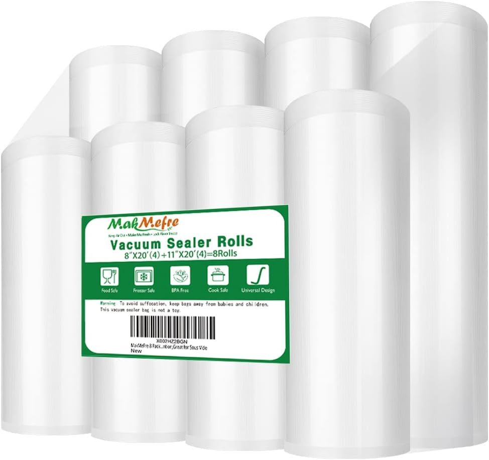 Makmefre 8 Pack 8"X20'(4Rolls) and 11"X20' (4Rolls) Vacuum Sealer Bags Rolls for Food,Commercial Grade, BPA Free,Puncture Prevention,Great for Sous Vide Cooking