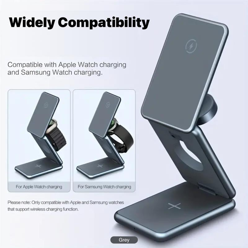 UNIQNOVA 3In1 Wireless Fast Charging Station for Iphone 17/16/15/14/13/12 Series, Airpods 3/2/Pro, Iwatch - Mag-Safe Metallic Foldable Charger Stand