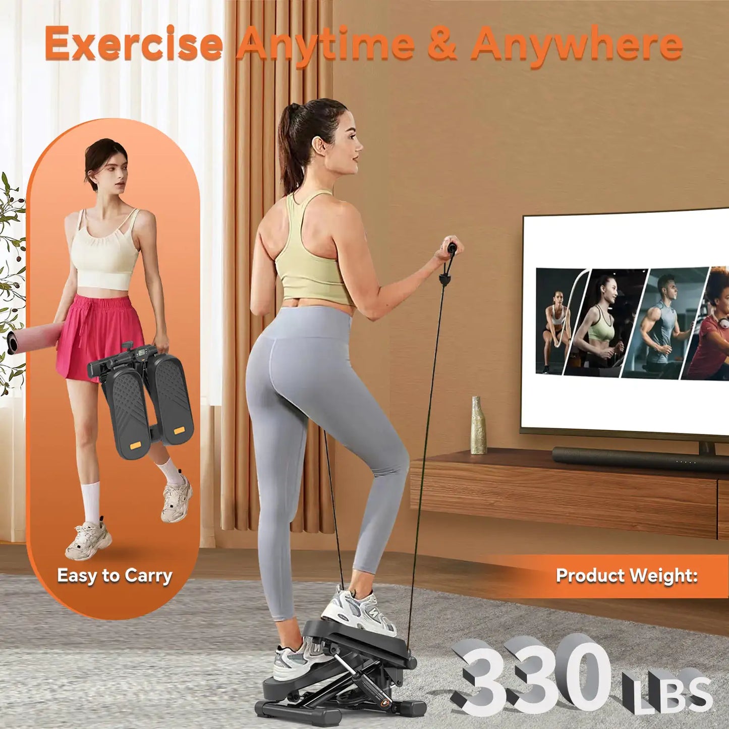 Home Office Exercise 330LBS Capacity Mini Stepper With Resistance Bands And LCD Monitor