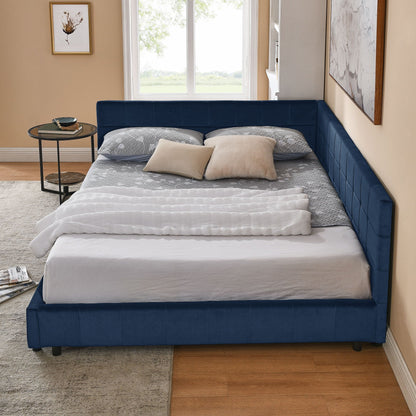 Mid-Century Storage Upholstered Tufted Bed Frame With Backrest And Armrests