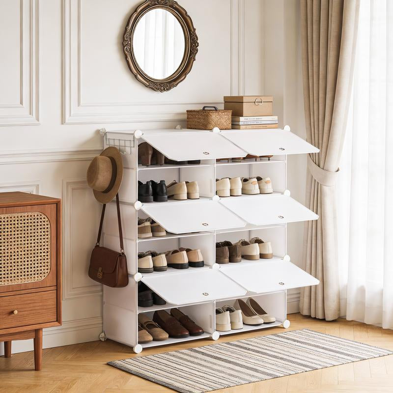 【NEW YEAR Deal】6/8-Tier Shoe Cabinet, 24/32-Tier Capacity, with Side Hooks, Sturdy Metal Frame, and Black and White Plastic Panel Shelves. Suitable for Entryways, Living Rooms, and Walk-In Closets